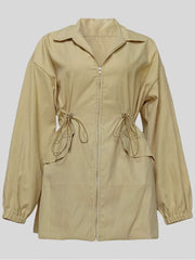 Drawstring Zipper Cargo Trench Coat Mini Dress