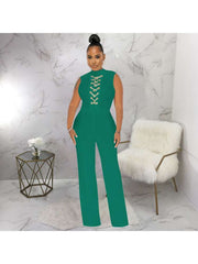 Chain Stand Collar Sleeveless Jumpsuits