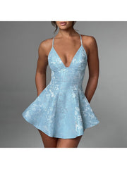 Jacquard Weave V Neck A-line Mini Dress