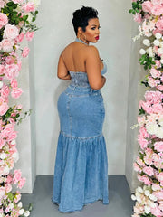 Denim Metal Halter Tube Buckle Skirt Sets