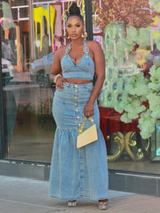 Denim Metal Halter Tube Buckle Skirt Sets