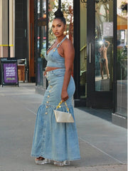 Denim Metal Halter Tube Buckle Skirt Sets