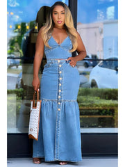 Denim Metal Halter Tube Buckle Skirt Sets