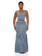 Denim Metal Halter Tube Buckle Skirt Sets