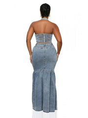 Denim Metal Halter Tube Buckle Skirt Sets