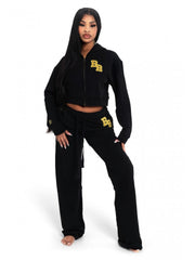 Letter Embroidery Loose Zipper Hooded Pant Sets