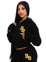 Letter Embroidery Loose Zipper Hooded Pant Sets