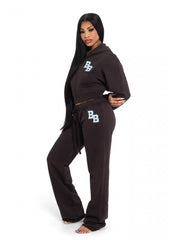 Letter Embroidery Loose Zipper Hooded Pant Sets