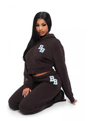 Letter Embroidery Loose Zipper Hooded Pant Sets