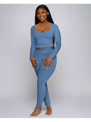 Ribbed Plain Color U Neck Fitted Pant Sets