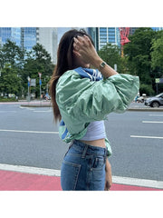 Colorblock Zipper Puff Sleeve Cropped Jackets