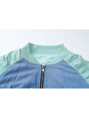 Colorblock Zipper Puff Sleeve Cropped Jackets