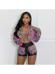 Leopard Zipper Long Sleeve Shorts Sets