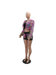 Leopard Zipper Long Sleeve Shorts Sets