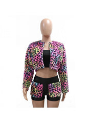 Leopard Zipper Long Sleeve Shorts Sets