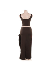 Solid Color Feather Split Hem Sleeveless Skirt Sets