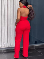 Halter Backless Buckle-loop Wide Leg Jumpsuits