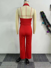 Halter Backless Buckle-loop Wide Leg Jumpsuits