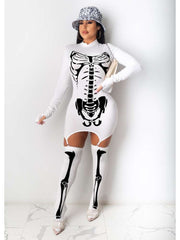 Bone Print Long Sleeves Dress With Stocking