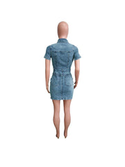 Denim Stand Collar Buckle Shirt Mini Dress