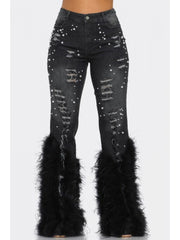 Wear Out Feather Faux Pearl Bodycon Plus Size Jeans