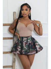 Camo Pleated Webbing Zipper Bubble Skirts