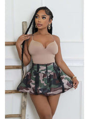 Camo Pleated Webbing Zipper Bubble Skirts