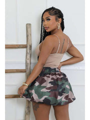 Camo Pleated Webbing Zipper Bubble Skirts