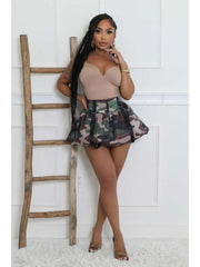 Camo Pleated Webbing Zipper Bubble Skirts