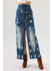 Distressed High Split Hem Denim Skirts