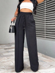 Solid Drawstring Lace-Up Straight Pants