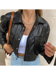 Shirt Collar Long Sleeve PU Cropped Jackets