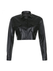 Shirt Collar Long Sleeve PU Cropped Jackets