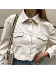 Shirt Collar Long Sleeve PU Cropped Jackets