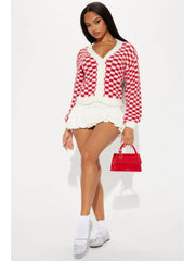 Knitted Colorblock Plaid V Neck Buckle Cardigan