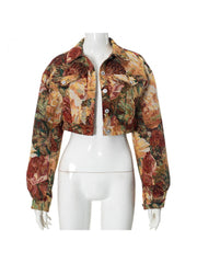 Floral Jacquard Weave Cropped Collar Jackets