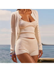 Knitted Plain Cardigan Tank Shorts 3 Piece Sets