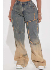 Gradient Denim Raged Hem Straight Jeans