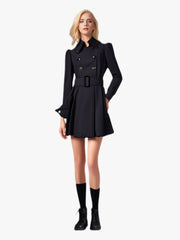 Pleated With Belt Long Sleeve Tweed Dress