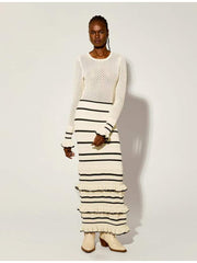 Knitted Contrast Color Striped Layered Maxi Dress