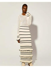 Knitted Contrast Color Striped Layered Maxi Dress