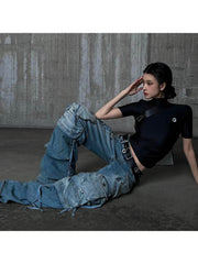 Wide Leg Cargo Low Rise Jeans