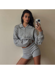 Lapel Zipper Sweatshirt Fitted Short Sets