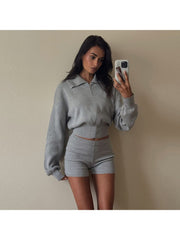 Lapel Zipper Sweatshirt Fitted Short Sets