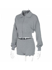 Lapel Zipper Sweatshirt Fitted Short Sets