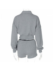 Lapel Zipper Sweatshirt Fitted Short Sets