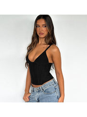 Solid Deep V Neck Girdle Bare Waist Tanks