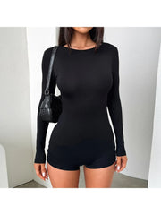 Pure Color Long Sleeve Backless Rompers