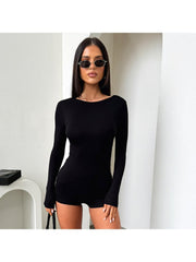 Pure Color Long Sleeve Backless Rompers