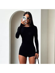 Pure Color Long Sleeve Backless Rompers